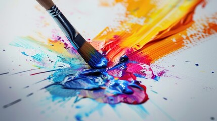 A close-up view of a paintbrush dipped in vibrant watercolor paint, creating a splash of color on a blank canvas