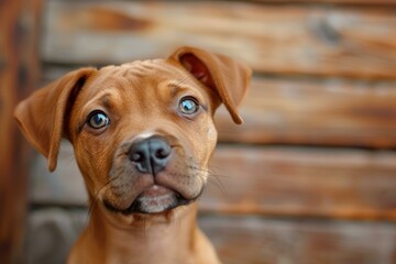 Closeup portrait of a brown puppy with captivating blue eyes against a wooden backdrop