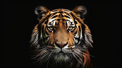 Fototapeta premium A dramatic close-up of a tiger's face in a low-light setting, capturing the piercing eyes and detailed stripes, emphasizing the power and majesty of this wild creature.