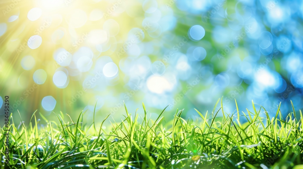 Aufkleber beautiful sunny spring meadow with green grass and blue sky. abstract background with light bokeh an