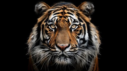 Fototapeta premium A magnificent portrait of a tiger gazing forward with a confident and striking expression, perfectly set against a simple dark backdrop to enhance its powerful presence.