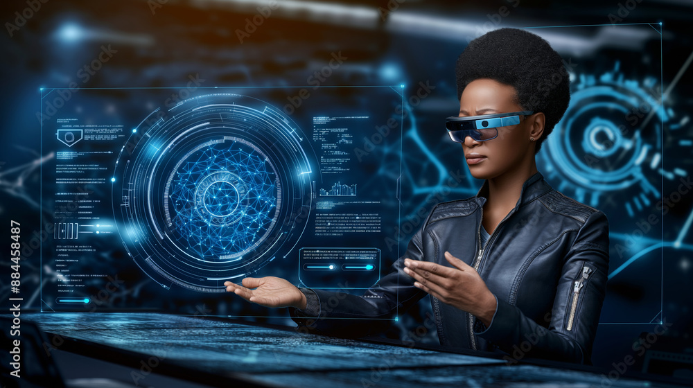 Aufkleber a woman wearing augmented reality glasses interacts with a futuristic digital interface..tech-savvy 
