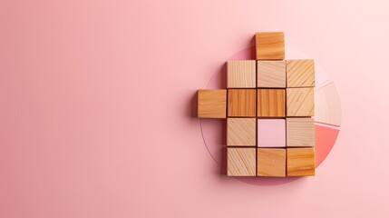 Obraz premium Wooden blocks with a circular graph on a pink background, showing market share distribution and business analysis