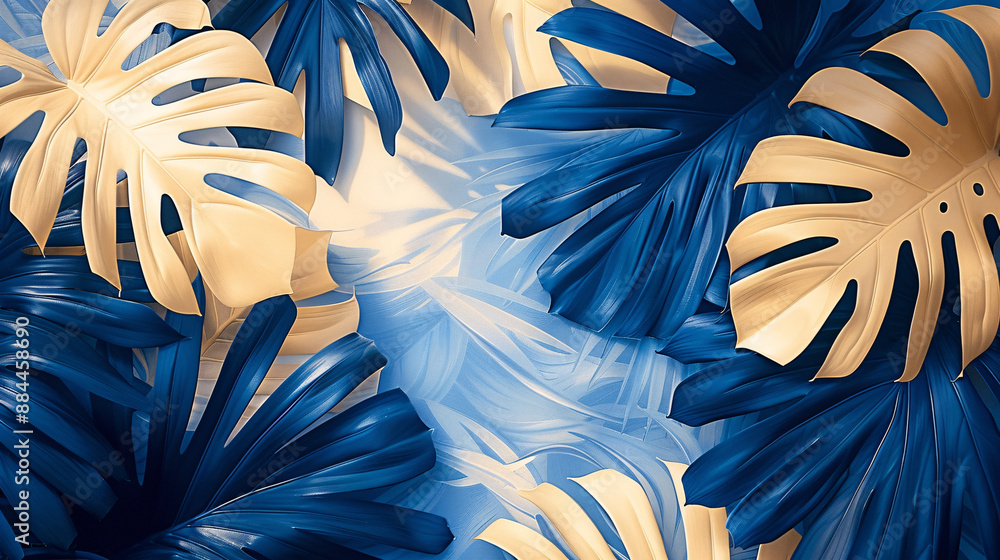 Poster artistic blue and beige leaves overlapping, creating a vibrant and dynamic pattern that captures a s