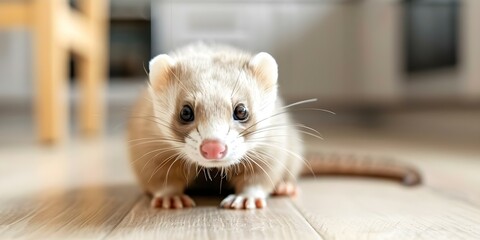 Ferret on the floor in a modern kitchen . Concept Animals in Modern Spaces, Ferret Photography, Indoor Pet Portraits, Kitchen Animal Fun