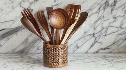 A sophisticated set of kitchen utensils displayed in a stylish container, set on a marble counter.