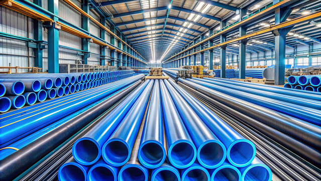 PE pipe plant, Industrial PE pipes with blue line for gas and water. HDPE pipe, Polyethylene PE100 pipe. Polyethylene pipe plant