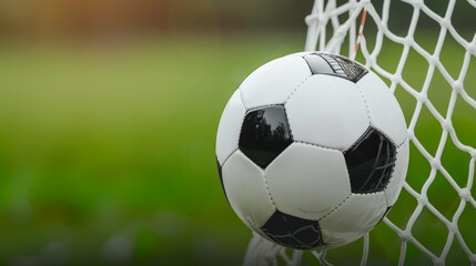 Soccer ball scoring a goal, the net bulging with impact, vivid green grass in the background, high-definition and full of energy, focus cover all object, deep dept of field