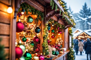 Fototapeta premium Festively Decorated Christmas Market Stall Adorned With Colorful Ornaments, Greenery