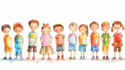Cheerful cartoon standing children in a row on the white background. Happy kids watercolor horizontal illustration. Generative ai.