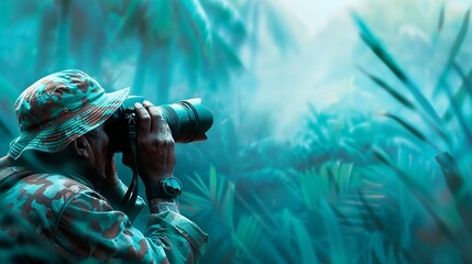 A wildlife photographer in camouflage attire, capturing rare animals in a tropical rainforest, Nature, Vibrant Greens, Realistic Illustration