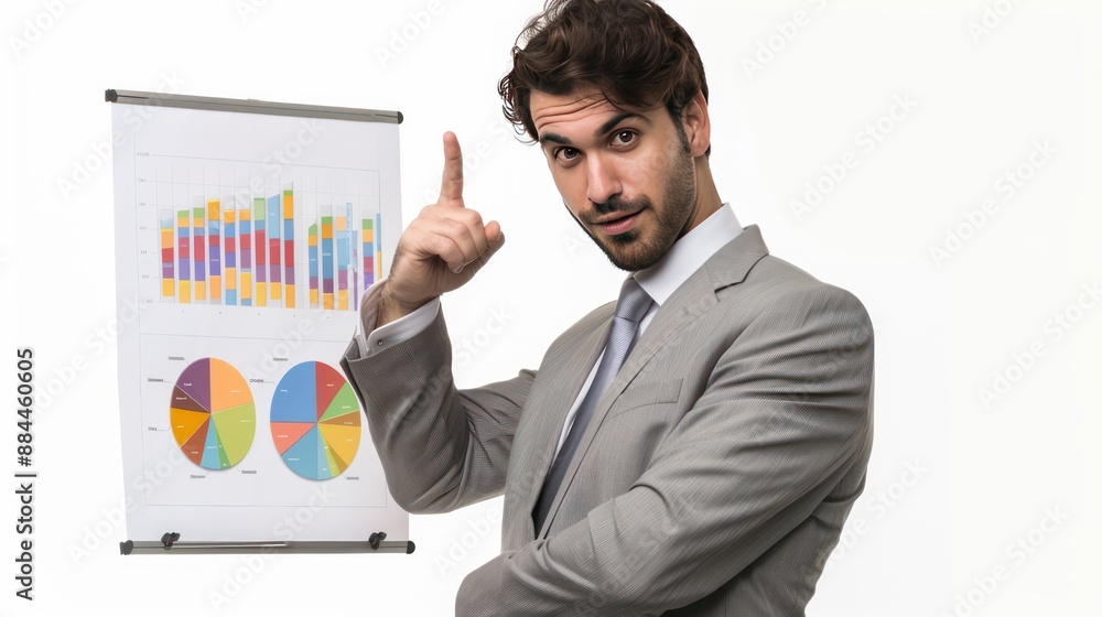 Poster businessman pointing finger at a chart during a presentation, explaining a key data point isolated w
