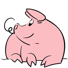 Pig lying on the ground looking to the side smiling seen from the front very simple cartoon style