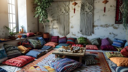 A bohemian-style living room with colorful cushions, a macram?(C) wall hanging, and a low coffee table surrounded by floor cushions, filled with eclectic decor.