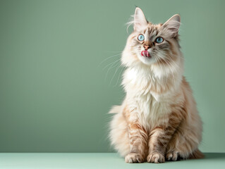 Fluffy cat with striking blue eyes sits against a light green background, licking its lips in a cute and curious manner.