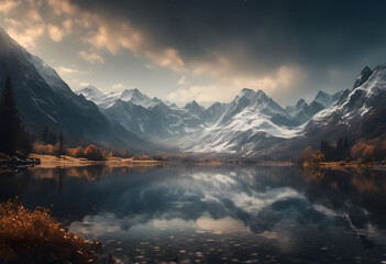 A serene mountain lake surrounded by autumn trees and snow-capped peaks, reflecting the landscape in its calm waters under a partly cloudy sky.