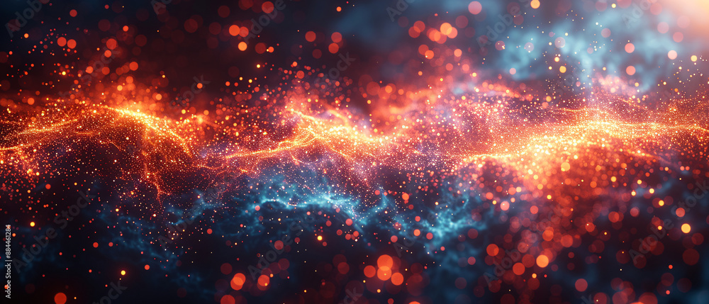 Poster a dynamic, futuristic network visualization with vibrant orange and blue light particles forming int