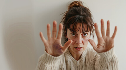 frightened adult woman with a bruise on her face under her eye raises her hands in defense against the background of a white wall,generative ai