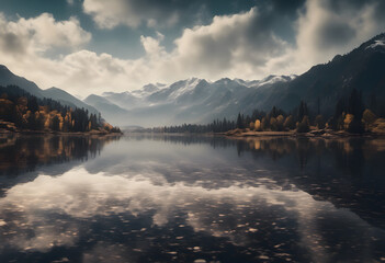 Naklejka premium A serene mountain lake surrounded by autumn trees and snow-capped peaks, reflecting the landscape in its calm waters under a partly cloudy sky.