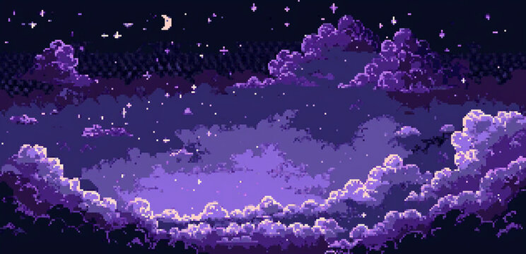 8bits pixel art of a purple night sky with clouds