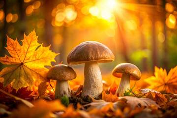 Three mushrooms are on a pile of leaves in the autumn. The mushrooms are brown and are surrounded by orange leaves. The scene has a peaceful and serene mood