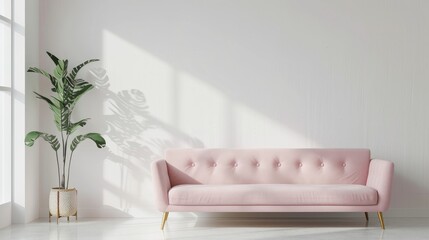 Empty wall with copy space in white living room featuring a pastel pink couch