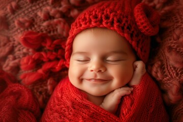 Peaceful newborn baby wearing a cute red knit cap and swaddle smiles in sleep