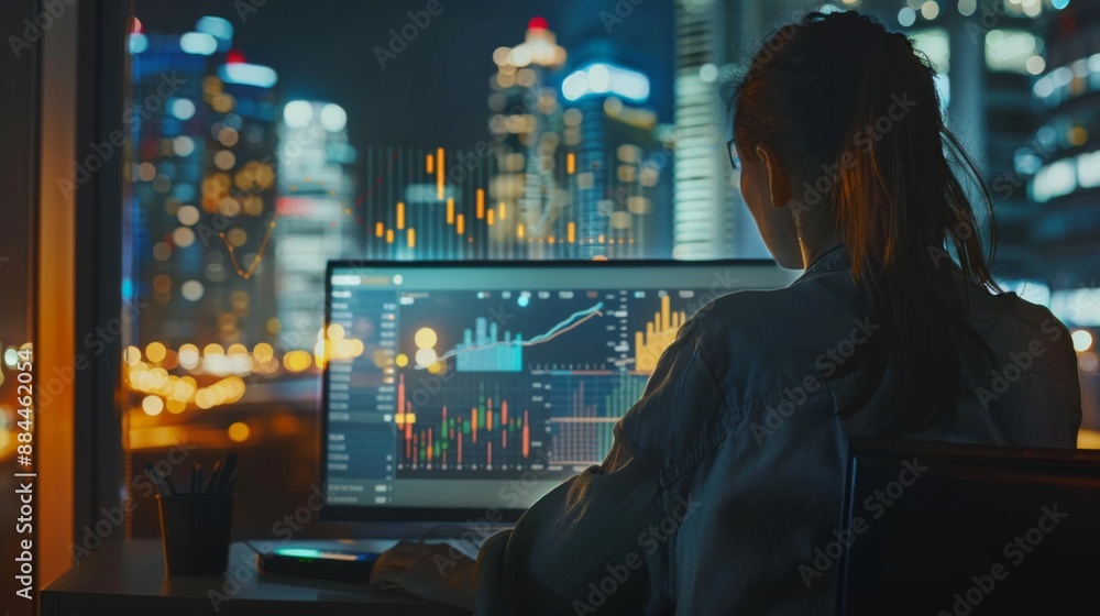Aufkleber a person analyzing a financial report with various graphs and charts on a computer screen, with city