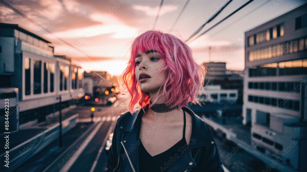 Wall mural A woman with pink hair standing on a street at sunset, AI