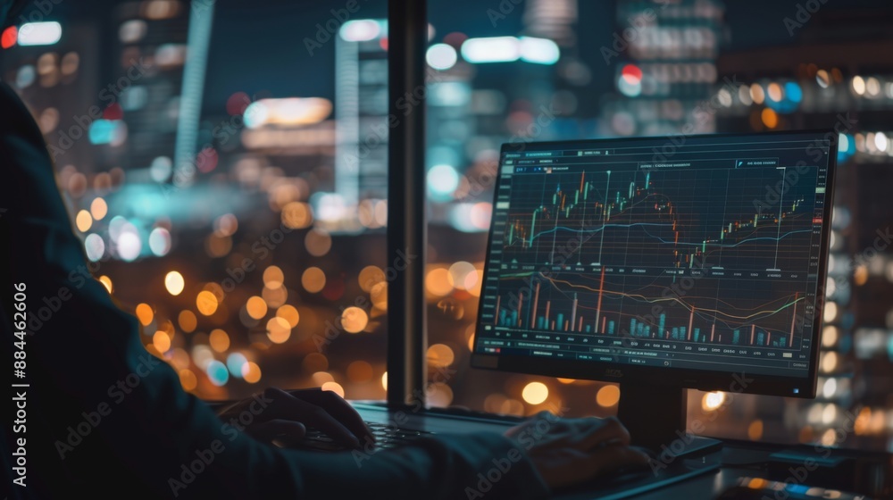 Poster A person analyzing a financial report with various graphs and charts on a computer screen, with city lights visible outside.