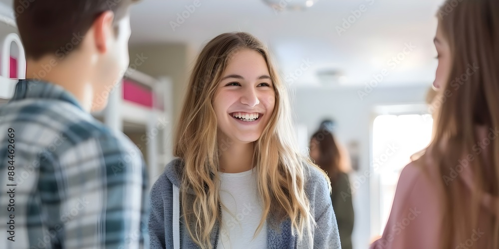 Poster college students socializing happily in dormitory creating memories in university campus. concept un
