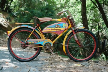 Fototapeta premium Colorful, handpainted vintage bike stands on a shady forest pathway