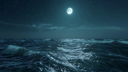 A breathtaking view of a moonlit ocean, with waves shimmering under the soft glow of the moon and stars scattered across the vast expanse of the sky.
