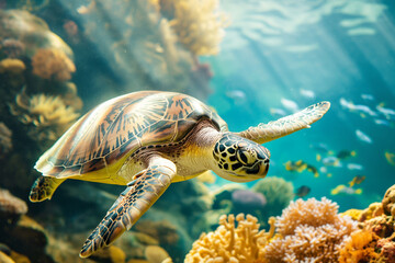 Obraz premium Graceful Sea Turtle Swimming Among Colorful Corals in Clear Ocean Water