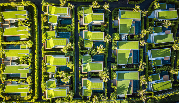 Architecture details of top view of the green roof with geometric shape and form