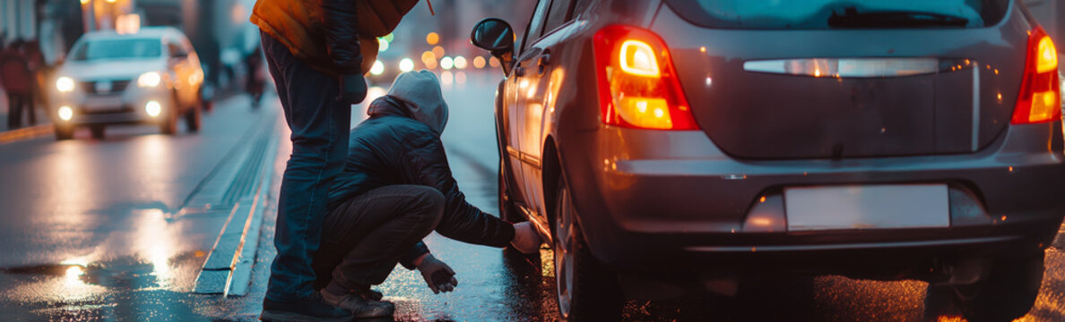 Good Samaritans Assist Motorist with Flat Tire on Wet Urban Road at Dusk