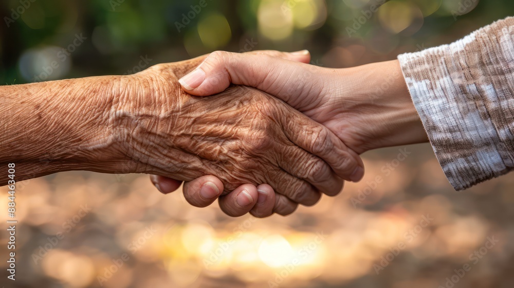 Aufkleber hands of different generations shaking hands, illustrating respect and mutual understanding