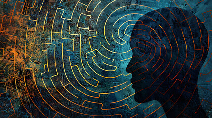 a stylized representation of a human head in profile view, composed of concentric circular lines forming a maze or labyrinth pattern