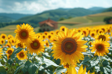 Fototapeta premium Bright sunflowers in a lush field with green hills and a distant cottage. Sunlight enhances the vibrant yellow petals and lush green foliage