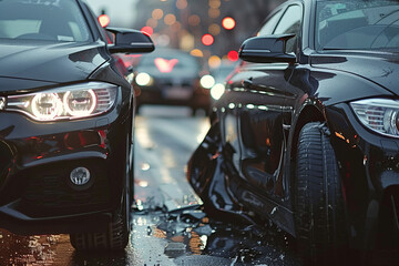Naklejka premium close up car accidence, 2 black cars collision.generative ai