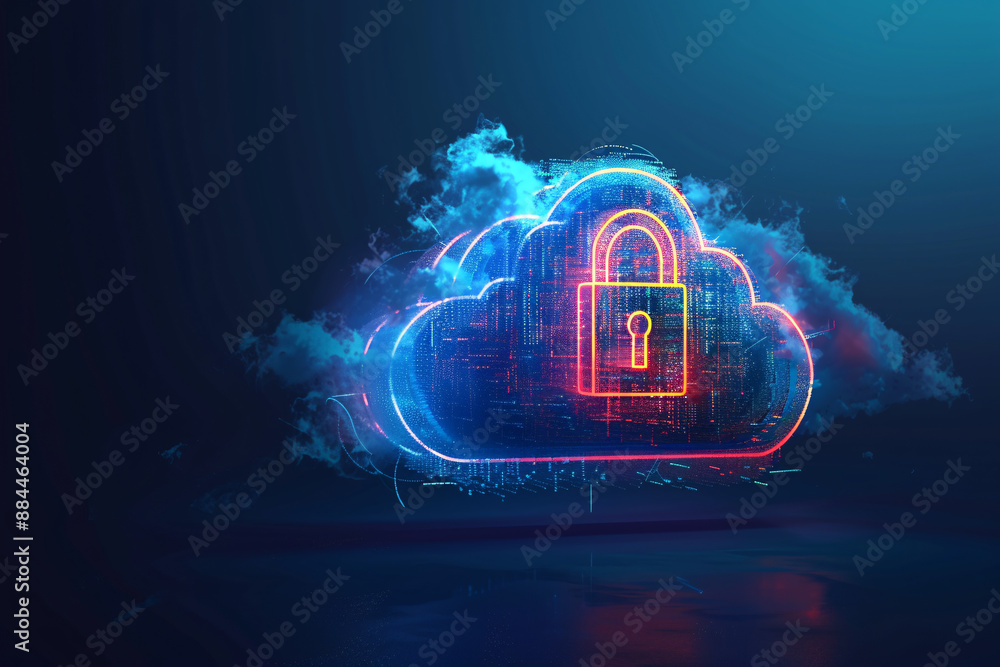 Poster a digital illustration of a cloud with a lock symbol representing cloud security and data protection