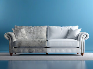 Sofa before and after dry-cleaning in room on blue background