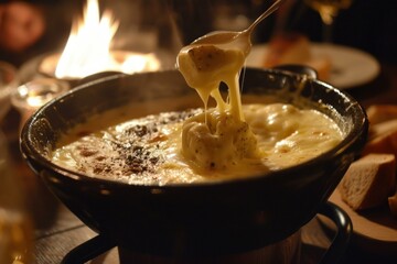 Indulge in the exquisite experience of a traditional swiss cheese fondue. A creamy and savory melted cheese dish perfect for a cozy winter evening meal
