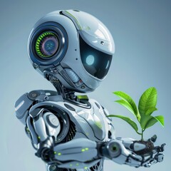 Green Technology, Technology and Futuristic Ethic Business Concept, Robot holding a plant, Anti-global warming economy Job ID: b29369c7-66d7-4079-9932-6a5f7c8c9d45