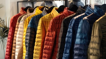 Obraz premium A variety of stylish, lightweight jackets in different colors, displayed on chic, modern racks.