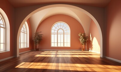 Obraz premium Empty room interior with arched entrance. Modern 3D living room, office, or gallery with wooden floor, shadows, and sunlight from a window on the wall.