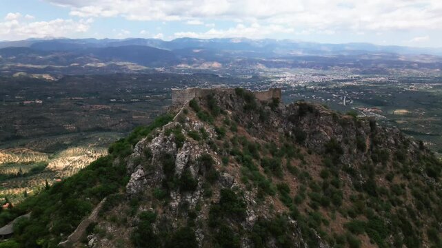 Aerial video over Greece. Peloponnese. Sparta. Mysters Castle.