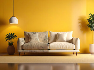 Sofa before and after dry-cleaning in room on yellow background