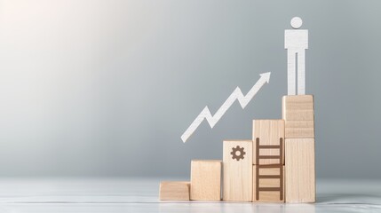 Wooden blocks with an upward arrow and growth chart, a gears icon on a white background