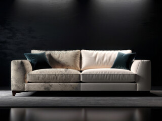 Sofa before and after dry-cleaning in room on dark background